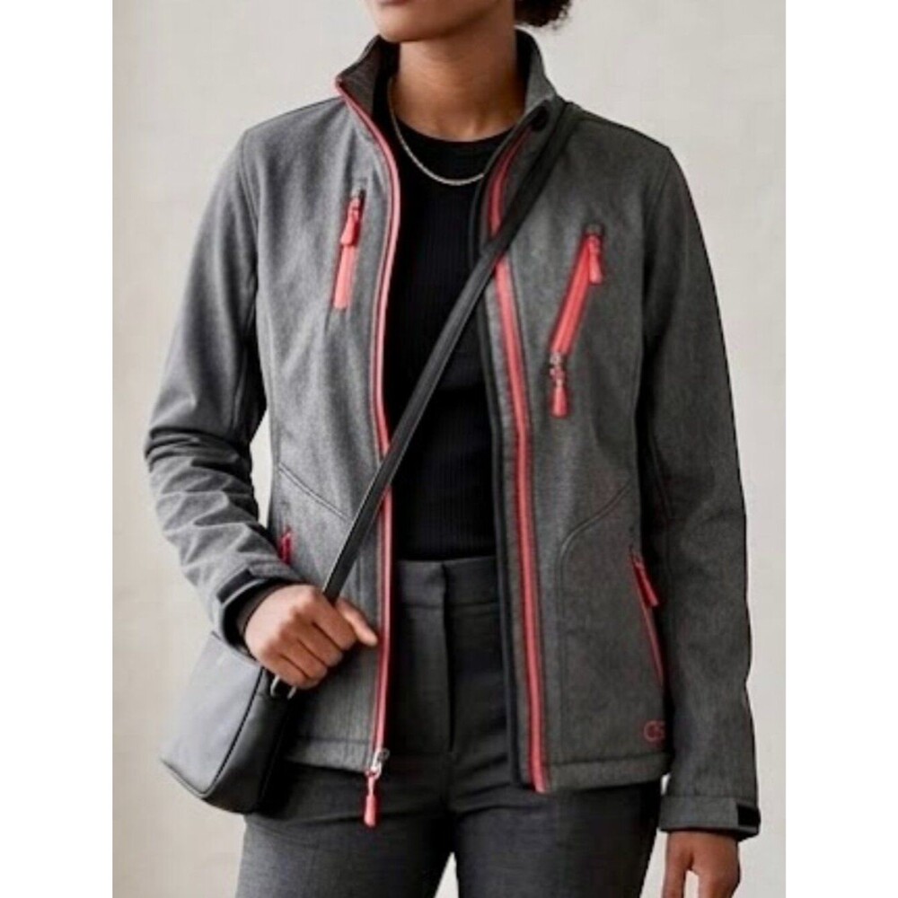 NWT CB Sports Gray Fleece Lined Softshell Performance Jacket Neon Pink L